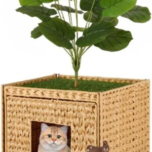 unipaws Cat Litter Box Enclosure with Faux Plant and Litter Mat, Hidden Handwoven Rattan Planter Cat House Furniture, DIY Decoration on Square Top by Yourself, for Living Room, Bedroom, Corner