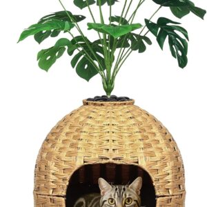 Hidden Cat Litter Box Plant Furniture Enclosure House w/Faux Plant, Decorative Handwoven Rattan Round Planter Cat Bed for Indoor Cats w/Odor Control Filter, in Living Room Bedroom Corner Natural