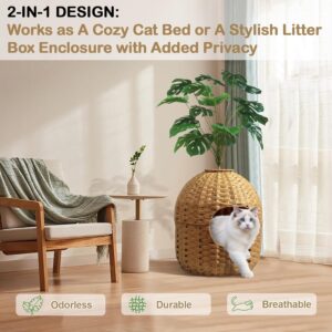 Alternative view of Hidden Cat Litter Box Plant Furniture Enclosure House w/Faux Plant, Decorative Handwoven Rattan Round Planter Cat Bed for Indoor Cats w/Odor Control Filter, in Living Room Bedroom Corner Natural