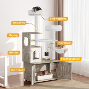 Alternative view of YITAHOME Cat Tree with Litter Box Enclosure, 2-in-1 Cat Furniture, Modern Cat Condo, Indoor Cat Tower with Wood House, Perch, Food Station, Hammocks, Scratch Post, Hair Brush, 59 Inch, Gray